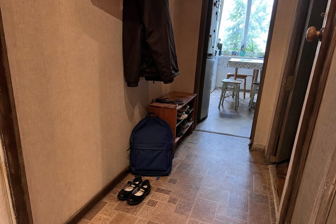 Новый школьный рюкзак на полу в прихожей рядом с детскими туфлями