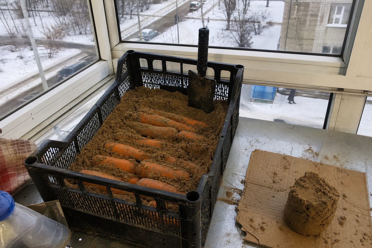 Пластиковый ящик с влажным песком, в который рядами уложена морковь, рядом комок сжатого песка
