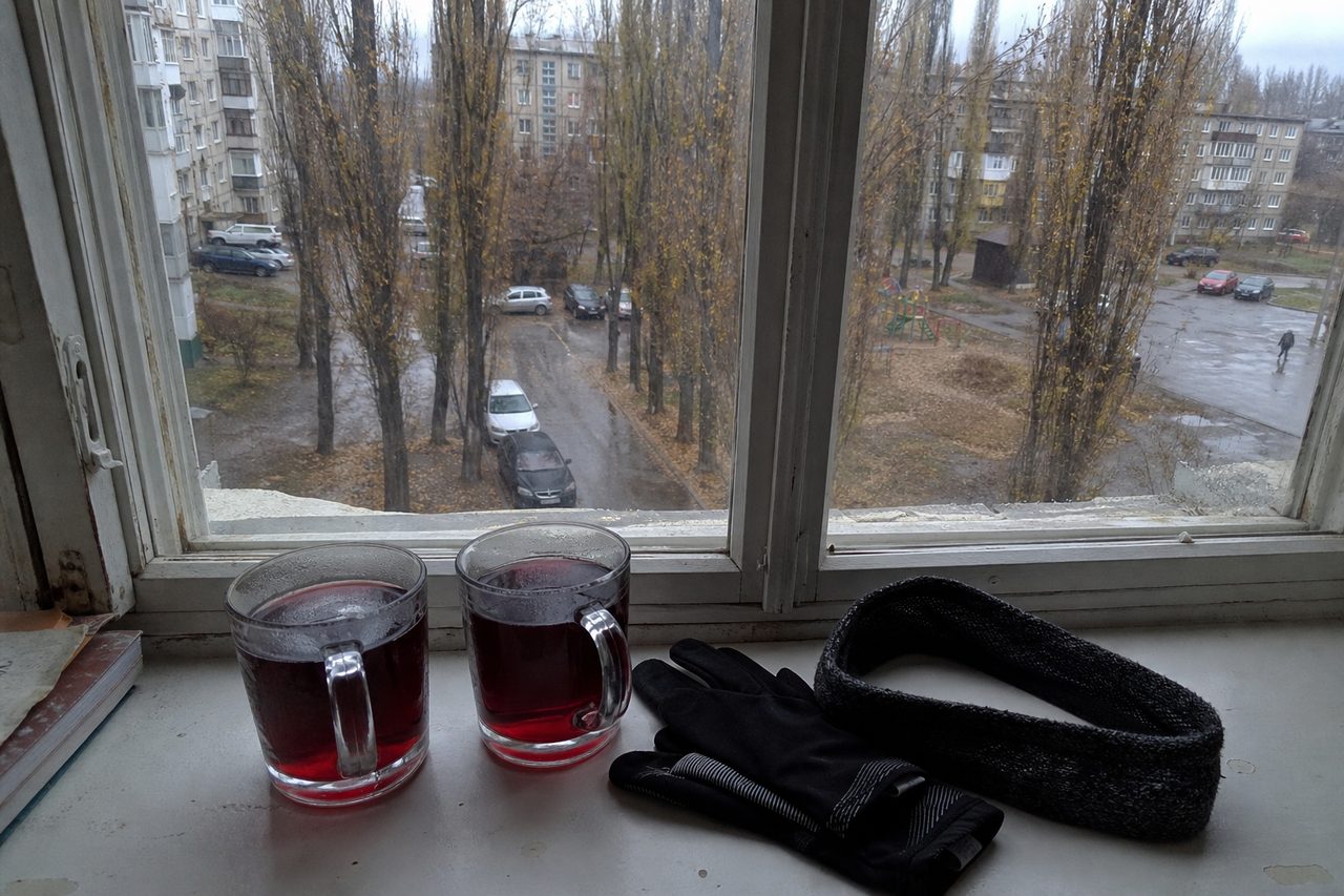 Две стеклянные кружки с тёмно-красным горячим напитком на подоконнике, рядом беговые перчатки и повязка на голову, за окном осенний двор